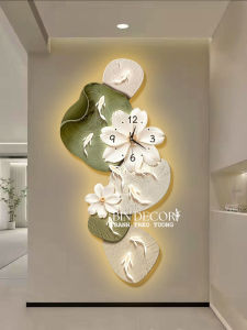 Tranh đồng hồ đèn led cá và hoa bindecor trang trí decor phòng khách quà tặng
