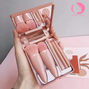 5 in 1 makeup brush set with built-in mirror mini makeup brush full set eye shadow brush fiber soft hair makeup brush set portable 5-piece set of beauty