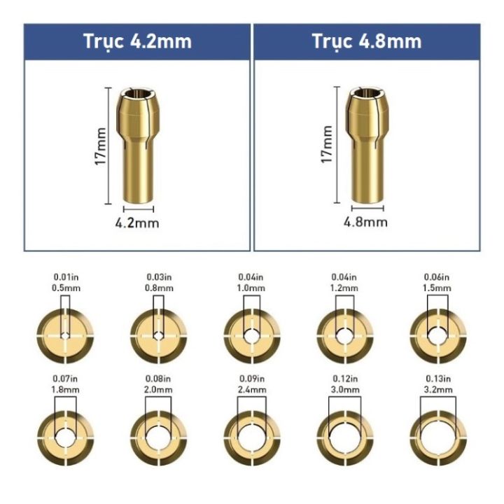 Đầu kẹp mũi khoan 0.5mm – 3.2mm trục 4.2mm / 4.8mm (bán lẻ theo tuỳ ...