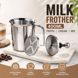 Stainless Steel Manual Milk Frother 400ml Double Mesh Hand Foam Maker Latte Cappuccino Tool