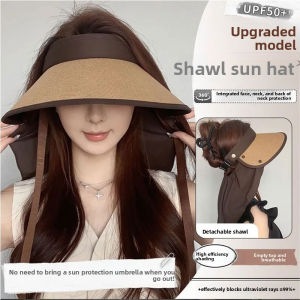 New Women UPF 50+ Detachable Cape Sun Hat Large Brim Foldable Outdoor Visor Hat 360 Face Neck Protection Summer Travel Beach Cap