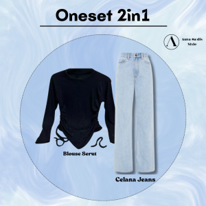 Setelan Oneset Wanita ( Blouse Serut + Celana Jeans Hightwaist + Hijab Bella Square Kacamata ) AM170N