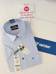 [Việt Tiến] Áo Sơ Mi Ngắn Tay - Regular Fit - Vạt Vuông - Kẻ ô xanh trên nền trắng