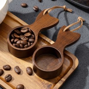 ANGFEW Short/Long Handled Wooden Coffee Spoon with Leather Lanyard Fishtail Design Coffee Bean Scoop Durable Comfortable Grip Kitchen Tablespoon Coffee