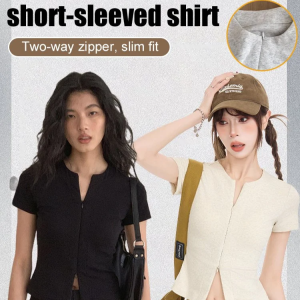 เสื้อยืดแขนสั้นทรงตรงสไตล์อเมริกันสุดฮอต ดีไซน์ซิปสองหัว เอวบาง สไตล์ฮอต