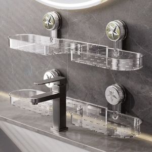 YSUNNY Suction Cup Faucet Storage Rack Multipurpose No Drilling Faucet Organizer Visible Large Capacity Bathroom Wash Shelf for Toilet