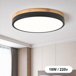 Modern 11.81 Inch Round LED Ceiling Lamp Wood And Black Iron Flush Mount Lighting Fixture 4000K Non Dimmable Eye Protection For Bedroom Laundry Corridor Entryway Foyer