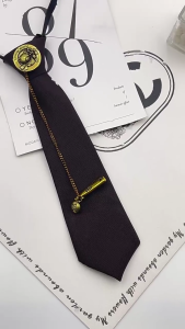 Japanese Vintage Necktie with Metal Bear Pin Chain Student Adjustable Pre Tied Neck Tie Shirt Collar Neckwear