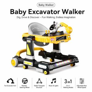 Excavator Shaped Baby Walker Multifunction Bounce Walk Push‑Assisted Toddler Walker With Music Lights Steering Wheel Adjustable Rear Wheel Speed For Baby
