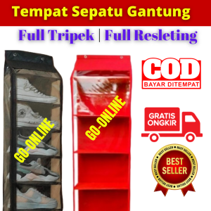 Rak Tempat Penyimpanan Sepatu Gantung Susun Tertutup Tempel Dinding Tembok Resleting Plastik Tebal Alas Triplek Multifungsi SerbagunaCOD