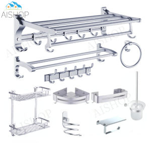 Aluminum Punch Free Bathroom Folding Bath Towel Rack Toilet Rack Bathroom Accessories Set [SG Seller]