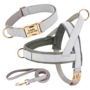 Personalized Leather Dog Collar Harness Leash SetMesh Vest Harness Customized IDLeads For Small Medium Large Dogs2026