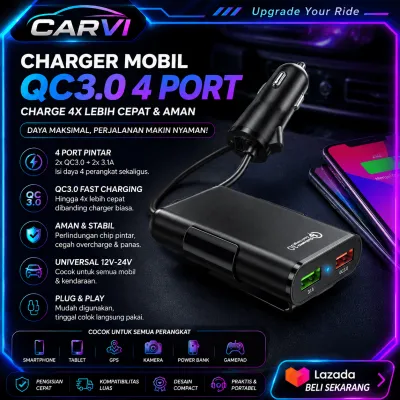 (CARVI) Charger Mobil Fast Charging QC3.0 4 Port Kabel Panjang Jok Belakang Awet Ngebut [Hitam]