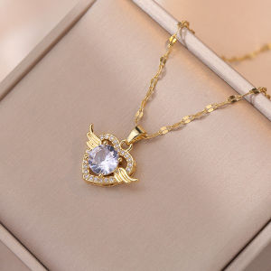 Ladamas Kalung Titanium Dengan Liontin Hati Bidadari Dengan Permata Untuk Harian Fashion Korea KT23
