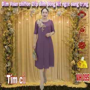 ĐẦM VOAN CHIFFON TRUNG NIÊN VH095 THIẾT KẾ 2 LỚP VẠT XẺ FROM CHE KHUYẾT ĐIỀM ĐÍNH BÔNG ĐÍNH CÚC NGỌC KẾT HẠT KIM SA SANG TRỌNG QUÝ P[HÁI