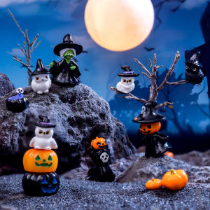 🔥🔥🔥fenglin Mini Halloween Ornament Cartoon Witch Ghost Pumpkin Figurine Micro Landscape Dollhouse Model Car Interior Desktop Decoration