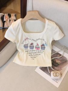Ammin Áo thun cotton tay ngắn đính cườm ngọt ngào cổ vuông ren bằng ren mới mùa hè 2024 Áo Blouse thanh lịch in chữ đơn giản phong cách ngắn nữ