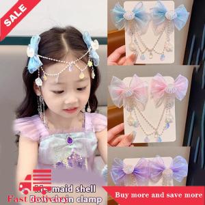 [COD] Cartoon Girls Hair Clip Children Mermaid Princess Pearl Fringe Pink Purple Bow Forehead Chain Hairpin Fairy Earhook Accessories