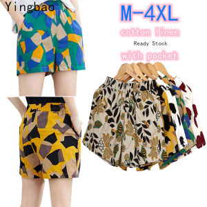Yingbao M-4XL Cotton Linen Shorts Elastic High Waist with Pocket Ladies New Summer Floral Women Plus Big Size Home Wear Summer Casual Beach Work Office Short Pants Korean Style