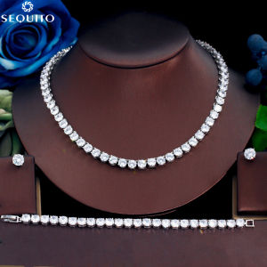SEQUITO Luxury Modern Brides Jewelry White Gold Plated Full Pave Setting Bling Bling Round Cubic Zirconia High Quality Wedding Party Necklace Bracelet Earrings Set SJ273