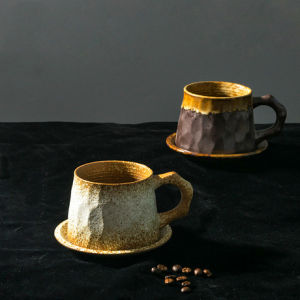 OMK Retro Style Rough Pottery 300ML Coffee Cup & Saucers Ceramic Mug