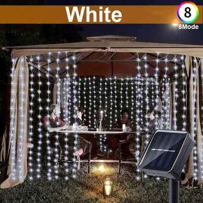 3M Solar Curtain Light 100/200/300 LEDS Outdoor Waterproof 8 Modes Lighting Fairy Lights Christmas Wedding Party Garden Festival Decoration Light Christmas Light for CurtainWallStairsRoofWindow