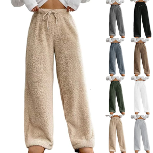 Warm Fleece Sleep Pants Womens Comfortable Winter Loungewear Wide Leg Elastic Waist Soft Home Casual Wear Holiday Comfo