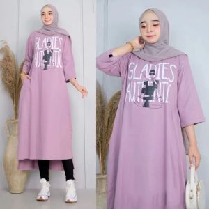 Pabrik Baju GLADIES Midi Dress Bahan Kaos Katun Combed Aplikasi Sablon Tunik Atasan Wanita Oversize