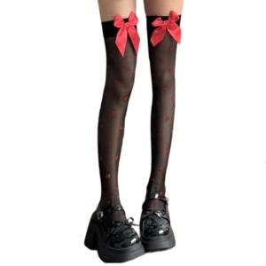 Thigh High Stockings Heart Thigh High Socks with Bows Sheer Over the Knee Socks Nylon Stockings Halloween Cosplay Costume