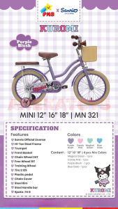 Sepeda Mini Anak Perempuan PMB MN321 Sanrio Kuromi 12/16/18x2.125 Inch Ban Pompa 2-9 Tahun Bonus Trumpet