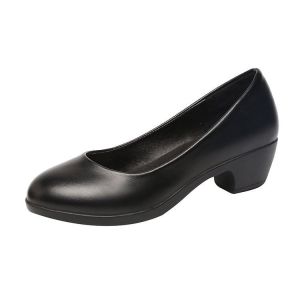 MARTINI Close Round Toe Leather Work Heels For Women Black 2 Inches
