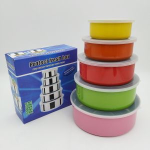 5 Pcs Stainless Steel Fresh Bowl Colorful Kitchen Food Storage Mixing Bowls Round Sealed Bowl With Lid Simple Tableware