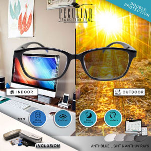 Peculiar Photochromic Plus Square Frame XANDER Black Computer Eyewear Antiradiation Lenses UV 400 Indoor / Outdoor Eyeglasses Non Graded Lens Eyewear for Women and Men