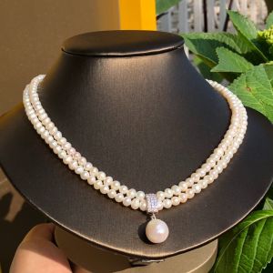 Vòng Cổ Ngọc Trai Chuỗi Ngọc Trai Thiên Nhiên Cao Cấp 2 Sợi Mảnh Kèm Mặt Ngọc Thô