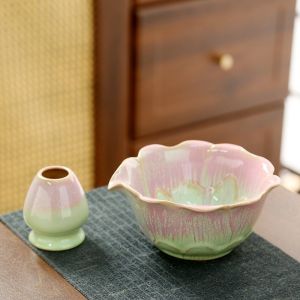 DewyBabe Ceramic Matcha Bowl Set With Spout Lotus Shape With Chasen Stand Japanese Style Tea Ceremony