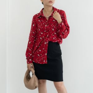 FAME - Crimson Rose Blouse Casual Wanita Lengan Panjang Floral Print Merah - 9211904