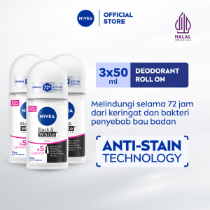 (PAKET HEMAT ISI 3) NIVEA Deodorant Roll On Black & White Invisible Original 50ml - Deodoran wanita melawan bau badan tahan keringat anti noda residu dengan wangi tahan lama seharian - Antiperspiran tidak mengandung ethyl alkohol cocok semua jenis kulit