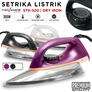Setrika Listrik Anti Lengket Dry Iron Advance Listrik STK-520 Original Bisa Atur Jenis Kain Alas Anti Lengket Daya 350W Kabel Pengaman
