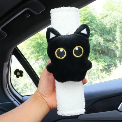 QERIY Black Cat Car Safety Shoulder Pads Pressure-Relief Soft Plush Car Seatbelt Shoulder Guard Cute Seat Belt Protective Cover for Long-Distance Driving