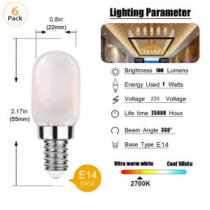 6 Packs LED Filament Bulb E12 E14 T22 Frosted Glass Edison Bulb Dimmable Energy Saving Light Bulb 2700K Warm White Refrigerator Lamp for home