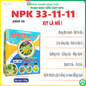 Phân Bón Hỗn Hợp ABIO NPK 33-11-11 Xịt Là Mê – Bung Đọt Mạnh Đọt To Dài Lá To Cọng Mập Xanh Lá Dày Lá Dưỡng Trái Cứng Cây Mập Cành Xanh Trái To Trái (Hộp 4 gói x 250gr)