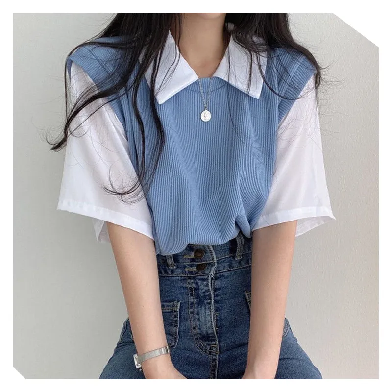 🦋 VEVE Korean Style Vest polo shirt Collar Fake 2in1 Women's