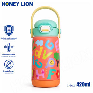 Patented Pressure Release Kids Flask - 410ML Anti-Scald Thermal Bottle - 304 Stainless Steel Vacuum Insulated Cup with Silicone Straw- HoneyLion