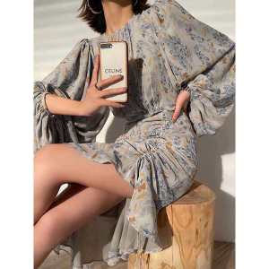 Alisa.Sonya Women Chiffon Floral Dress Plus Size Vintage Retro French Style Midi Length Asymmetric Mermaid hem Lantern Sleeve Wrap Dress