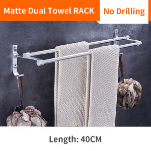 Self Adhesive Rustproof Aluminum Alloy Bathroom Dual Towel Racks No Drilling Punch-free Towel Bar with Hooks Wall Mounted Fast Installation Kitchen Washingroom Hanging Accessories