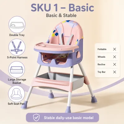 3 in 1 Adjustable Baby High Chair with Tray - Foldable Feeding Chair Wheels & Plate for Toddlers 6-36 Months