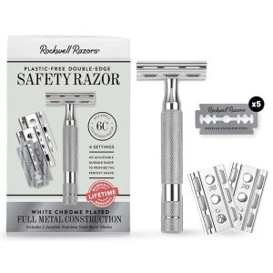 ROCKWELL RAZORS 6C Gunmetal Chrome Safety Razor With 6 Adjustable Shave Settings and 5 Fully Recyclable Razor Blades. Reusable Safety Razors for Men and Women.