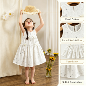 AILEBE Kids Dresses Cloud Cotton Sleeveless Vest Dress Breathable Summer Wear Cute Prints Round Neck With Decor Loose Comfy Fit Wrinkle-Resistant Easy Care OOTD Pambahay For Baby Girls 0-12 Years
