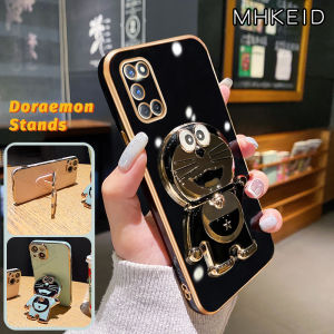 MHKEID Casing Ponsel untuk OPPO A92 A52 A72 A91 F15 A74 F19 A95 F19s Reno 6 Lite Reno 3 Case silikon Kesing baru tempat Softcase lipat lapisan Doraemon lucu HP Plating Casing
