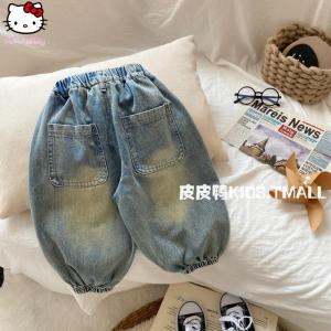 Christmas gifts Halloween Girls Korean Version Cartoon Hello Kitty Jeans Sanrio Autumn New Childrens Stylish Loose Versatile Casual Outer Wear Pants